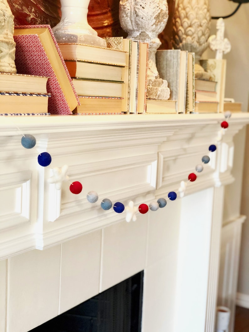 Patriotic Wool Felt Ball Garland Modern Boho Holiday Decor 4th of July Colors Fireplace Mantle Independence Day Decoration