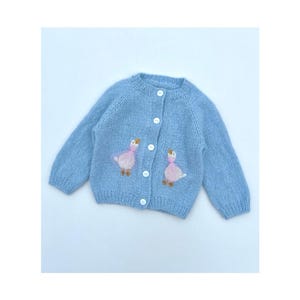 Knit cardigan Embroidered goose sweater Wool kids cardigan Unisex kids cardigan Blue alpaca sweater Hand knit Spring jumper Easter present