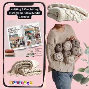 May include: A digital marketing template for knitting and crocheting featuring an open magazine, a folded cream-colored cable knit blanket, and a person wearing a beige bobble sweater while holding a collection of neutral-toned yarn balls.