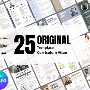 May include: A collage of 25 original CV templates for Canva. The templates feature a variety of modern and minimalist designs with a focus on clean lines and simple typography. The text "25 Original Template Curriculum Vitae" is displayed in bold black font.