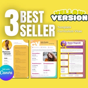 May include: Three yellow and pink resume templates with the text "3 Best Seller Yellow Version Template Curriculum Vitae" at the top. The templates feature a photo of the person, their name, and sections for education, experience, skills, and languages.