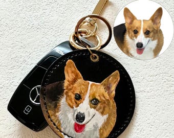 Custom Hand-Painted Pet Portrait Leather Keychain,Hand-Painted Pet Leather Bag Tag，Personalized Dog & Cat Bag Charm,Pet Memorial Keepsake