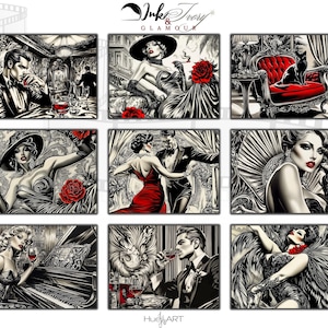 Può includere: Nove stampe artistiche in bianco e nero a tema vintage. Ogni stampa presenta figure in abiti eleganti, con tocchi di rosso, tra cui rose e abiti. Le stampe evocano un senso di glamour e raffinatezza classici.