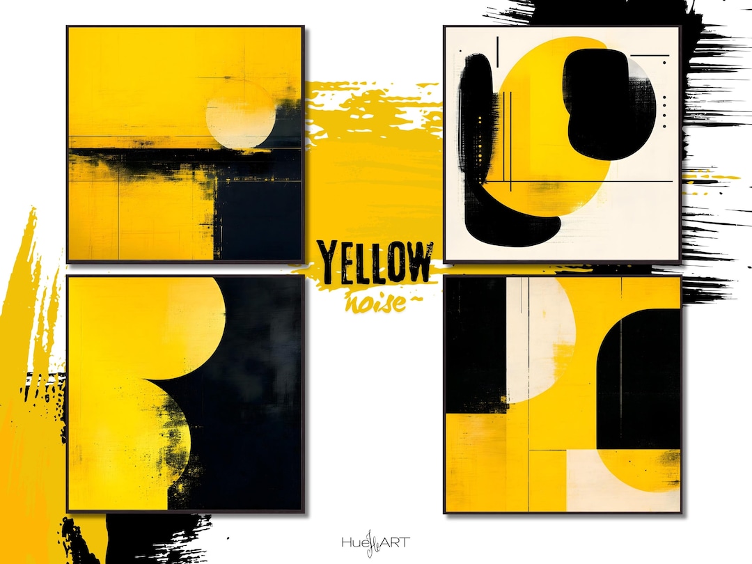 Set of 4 Abstract Yellow and Black Wall Art Prints | Modern Geometric ...