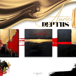 Può includere: Opere d'arte astratte in rosso, nero e oro. L'opera presenta superfici strutturate e audaci blocchi di colore. L'immagine include il testo "Auric Depths" in oro.