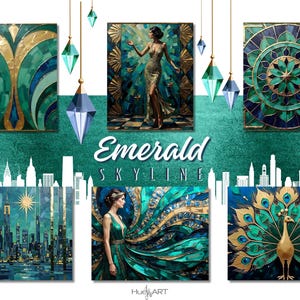 Può includere: Stampe artistiche Emerald Skyline con design in stile Art Déco nei toni verde smeraldo e oro. La collezione include un paesaggio urbano, un pavone e ritratti di donne in abiti eleganti. Il testo "Emerald Skyline" è visualizzato.