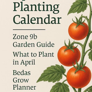 May include: A gardening guide for planting in April in Zone 9b. The guide is titled "April Planting Calendar" and includes the text "What to Plant in April" and "Bedas Grow Planner". The image features a tomato plant with three red tomatoes.