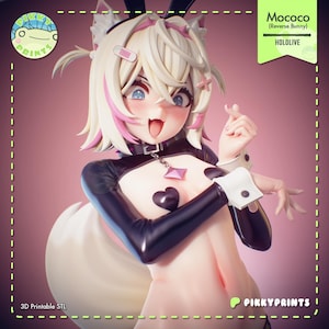 May include: A figurine of the character Mococo from Hololive, depicted as a reverse bunny. The figure has blonde hair with pink streaks, bunny ears, a black choker with a pendant, black arm sleeves with white cuffs, and a heart-shaped chest patch.