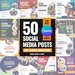 May include: A collection of social media posts for school admissions, featuring various designs with text like "School Admission" and "Enroll Now." The posts are designed for Canva users and are sized at 1080 x 1080 pixels.