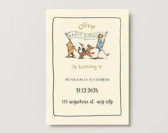 Winnie the Pooh neutral 1st Birthday invite. classic style. First birthday girl or boy. digital invitation