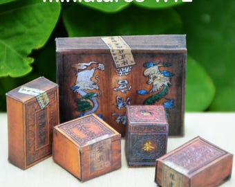 Miniature Chinese Tea Boxes DIY Printable Kit – 1:12 Scale Dollhouse Accessory – Vintage Apothecary Oriental Packaging