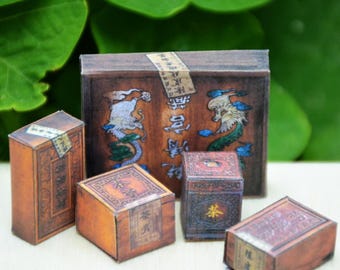 Miniaturas de caixas de chá chinesas em escala 1:12 - Kit de embalagem de chá para casa de bonecas (faça você mesmo) - Mini caixas de supermercado vintage