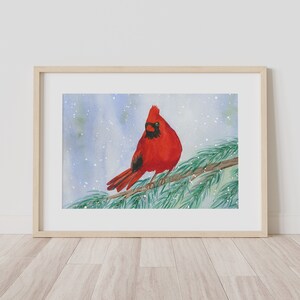 Red Cardinal Watercolor Print: Winter Bird Wall Art