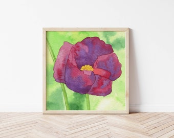 Purple Poppy Original Watercolor, 7 x 7-inches, Poppy Decor, Nature Inspired Art, Garden Art, Purple Poppy, Art on Paper
