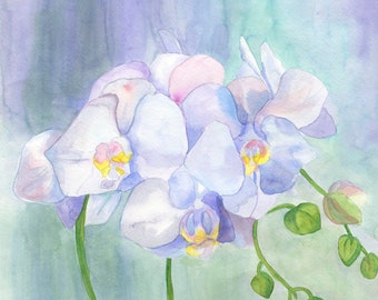 White Orchid #2 Original Watercolor, 11 x 13 inches, White Orchid Floral Decor, White Orchid Art, Nature Inspired Art, Pale Purple