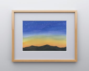 Count the Stars Print from Original Watercolor; 5 x 7, 8 x 10, 10 x 12, 11 x 14, or 12 x 18-inches.  Landscape Art, Sunset, Stars, Mountains