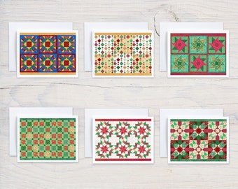 Christmas Watercolor Quilt Notecards Set of 6, Quilt Cards, Christmas Card, Christmas Quilt, Six Designs, Assortment of cards