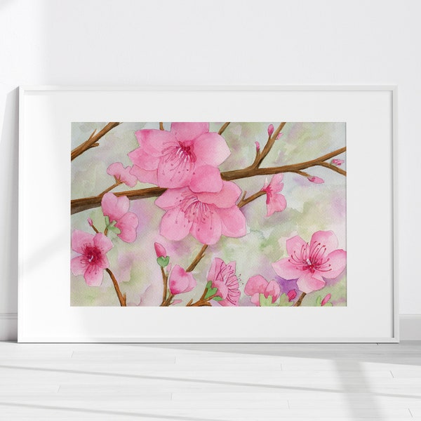 Pink Cherry Blossom Original Watercolor, 9 x 12 inches, Floral Print, Home Decor, Nature Inspired Art, Springtime