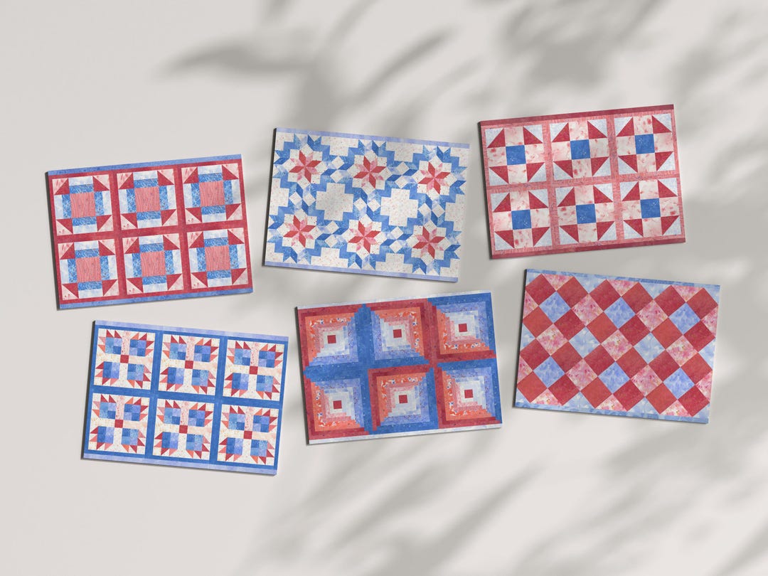 Watercolor Quilt Note Cards: Red, White & Blue, Set of 6 - Etsy