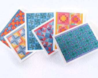 Jewel Colored Watercolor Quilt Note Card, Set of 6 Quilt Note Cards, Quilt Thank You Cards, Assortment of Quilt Patterns, Colorful Notecards