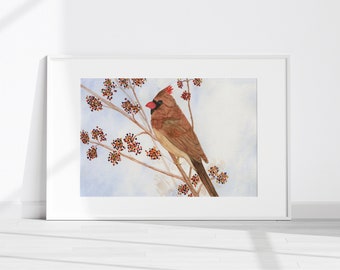 Brown Cardinal Print from Original Watercolor, 5 x 7, 8 x 10 or 10 x 12-inches, Winter Bird Print, Cardinal Decor, Nature Inspired Art