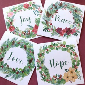 Watercolor Christmas Advent Wreath Square Card Set of 4, Holiday Card, Christmas Card, Hope, Peace, Joy, Love, Assortment of cards