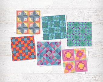 Jewel Tone Watercolor Quilt Square Card Set of 6 Quilt Note Cards, Quilt Thank You Cards, NEW Assortment of Quilt Patterns