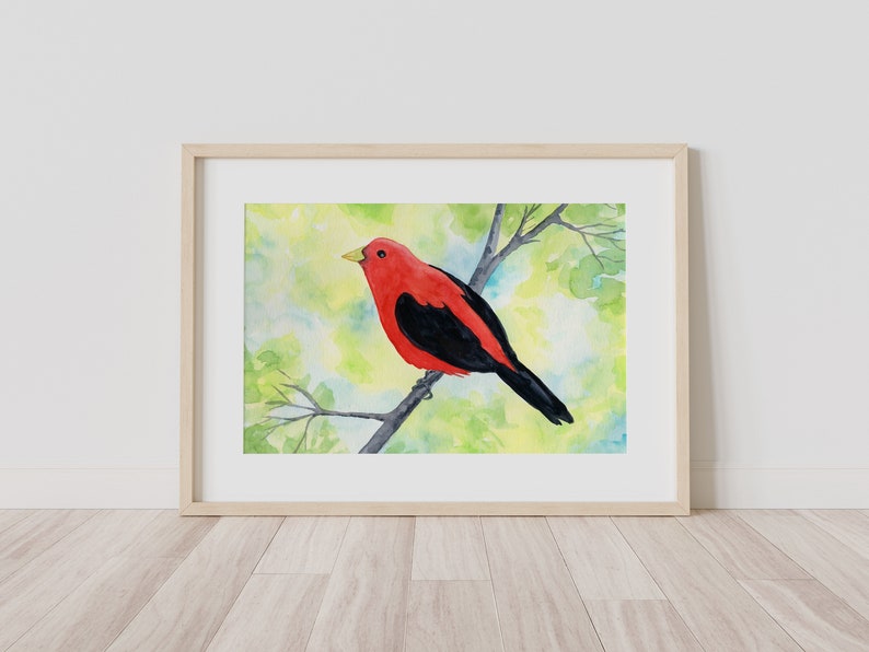 Scarlet Tanager Watercolor Print, 5 x 7, 8 x 10, 10 x 12-inches, Colorful Bird Print, Tanager Décor, Bird Art, Nature Inspired Art image 3