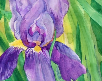 Purple Iris Original Watercolor, 10 x 12 inches,  Iris Decor, Floral Art, Nature Inspired Art, Garden Art, Springtime Art