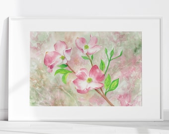 Pink Dogwood Watercolor Print: Spring Garden Art