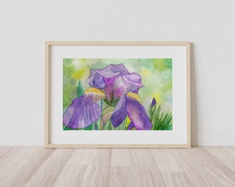 Purple Iris Watercolor Print from original watercolor, 5 x 7, 8 x 10, 10 x 12, or 11 x 14-inches, Nature Inspired Art, Garden Art