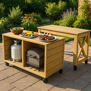 DIYグリルテーブル建築プラン、収納付き屋外木製BBQカート設計図、屋外調理ステーションプラン、デジタルPDFダウンロード