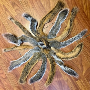 May include: A collection of squirrel tails arranged in a circular pattern. The tails display a mix of colors, including brown, gray, and white, with a soft, furry texture. The tails are laid out on a wooden surface.
