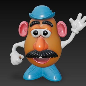 May include: A classic Mr. Potato Head toy figure. The toy has a brown potato-shaped body with a blue hat, shoes, and a large black mustache. It features pink ears, a red mouth, and white arms and hands. The toy is waving.