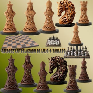 May include: A collection of intricately carved chess pieces in shades of brown and tan, including kings, queens, bishops, knights, rooks, and pawns. The set includes a wooden chessboard and a display of the chess pieces.