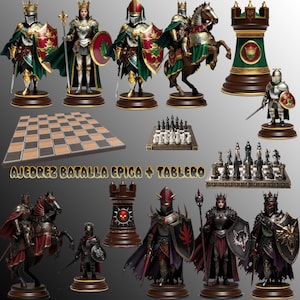 Peut inclure: Un ensemble d'échecs sur le thème des chevaliers, avec des pièces dorées, rouges, vertes et argentées. L'ensemble comprend des chevaliers à cheval, des tours et une reine, ainsi qu'un échiquier. Le texte "AJEDREZ BATALLA EPICA + TABLERO" est visible.