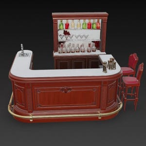 Puede incluir: Imagen detallada de una barra de bar en casa. La barra es de madera oscura con una encimera blanca y un reposapiés de latón. Incluye un fregadero, estanterías con botellas y vasos, y dos taburetes de bar rojos. La barra está diseñada para el entretenimiento.