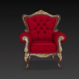 Puede incluir: Un sillón rojo real con respaldo y asiento acolchados. El marco de madera marrón oscuro presenta detalles dorados ornamentados. El sillón tiene reposabrazos curvos y un respaldo alto, creando una estética lujosa.
