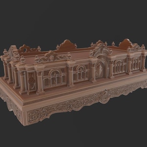 Puede incluir: Una detallada caja decorativa de madera marrón con un diseño arquitectónico ornamentado. La caja presenta columnas, ventanas arqueadas y tallas intrincadas a lo largo de la base y la parte superior, que se asemeja a un edificio en miniatura.