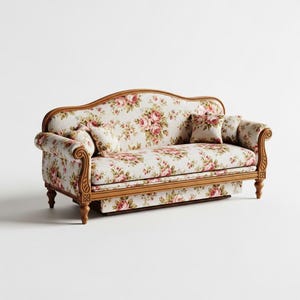 Puede incluir: Un sofá de estilo vintage con un diseño floral. El sofá tiene una estructura de madera y está tapizado en una tela crema con rosas rosas y rojas. Cuenta con brazos enrollados, detalles decorativos de madera y cojines a juego.