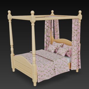 May include: A light-coloured wooden four-poster bed with pink floral bedding and matching curtains. The bed has a headboard and is adorned with several pillows. The overall design is soft and inviting, perfect for a bedroom.