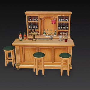 Puede incluir: Un juego de bar de madera en miniatura con un acabado marrón claro. El juego incluye una barra, taburetes con asientos verdes y una barra trasera con estantes que contienen botellas. Un grifo, vasos y botellas están en la barra.