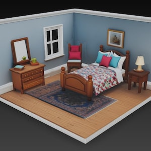 Puede incluir: Una escena de dormitorio en miniatura con una cama de madera, una cómoda y una mesita de noche. La cama tiene un edredón con estampado floral y almohadas. Una alfombra está sobre el suelo de madera. Las paredes son azules, y hay una ventana y un cuadro enmarcado.
