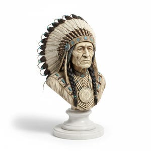 Puede incluir: Busto detallado de un jefe nativo americano, con un tocado de plumas en marrón y blanco, detalles turquesas y rasgos faciales intrincados. El busto está montado sobre un pedestal de mármol blanco, mostrando una expresión solemne.