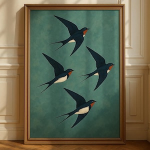 Arte de pared imprimible Golondrinas en vuelo | Póster de pájaro minimalista | Decoración de naturaleza costera | Descarga digital instantánea