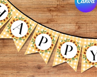 Geburtstagsbanner mit Sonnenblume: Party Dekor zum ausdrucken (Digitaler Download)