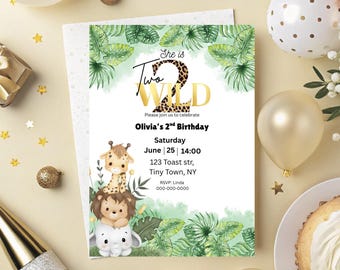 May include: A birthday invitation with a jungle theme. The invitation features the text "She is Two Wild" with a leopard print design. The invitation also includes the birthday girl's name, date, time, and location.