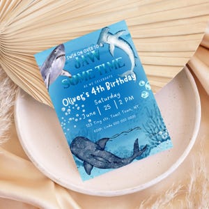 Shark Birthday Invitation Template: Under the Sea Party (Instant Download, Editable in Canva)
