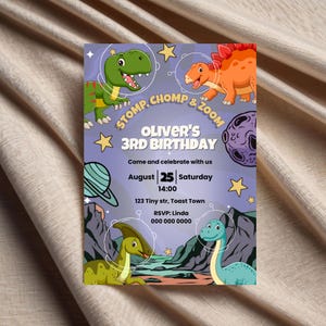 May include: A colorful birthday invitation with cartoon dinosaurs in space helmets. The invitation reads "STOMP, CHOMP & ZOOM" and "OLIVER'S 3RD BIRTHDAY". Details include the date, time, and RSVP information. The background is a light purple with stars.