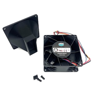 May include: A black Cooler Master DC12V 3.50A computer cooling fan with a square frame and multi-blade rotor, accompanied by a black plastic fan duct attachment and four small black mounting screws for installation in electronic hardware.
